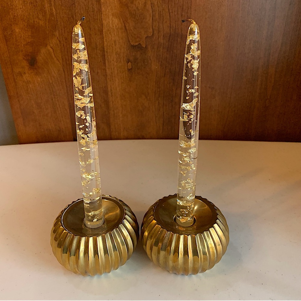 Vintage Set of Lucite Candles w/Gold Leaf Confetti in Vintage Brass Holders